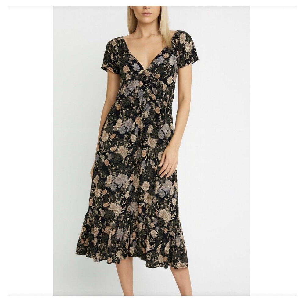 Maurices dress Dark floral print tiered faux button up V-neck lightweight SZ M